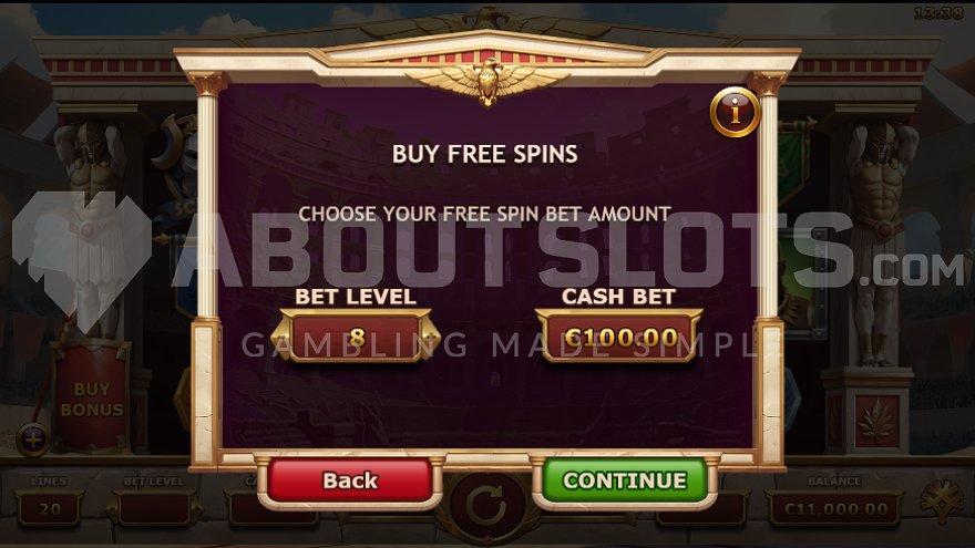 A screen offering the Free Spins feature for €100.