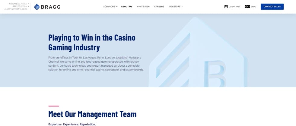 An image of Bragg's website with the text "playing to win in the casino gaming industry"