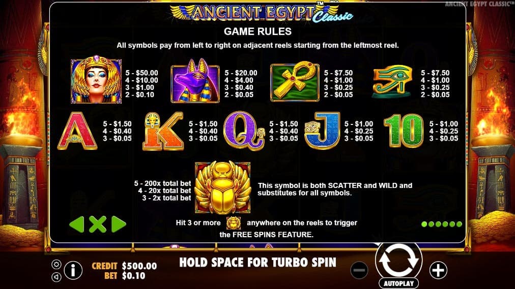 Ancient Egypt Classic slot paytable