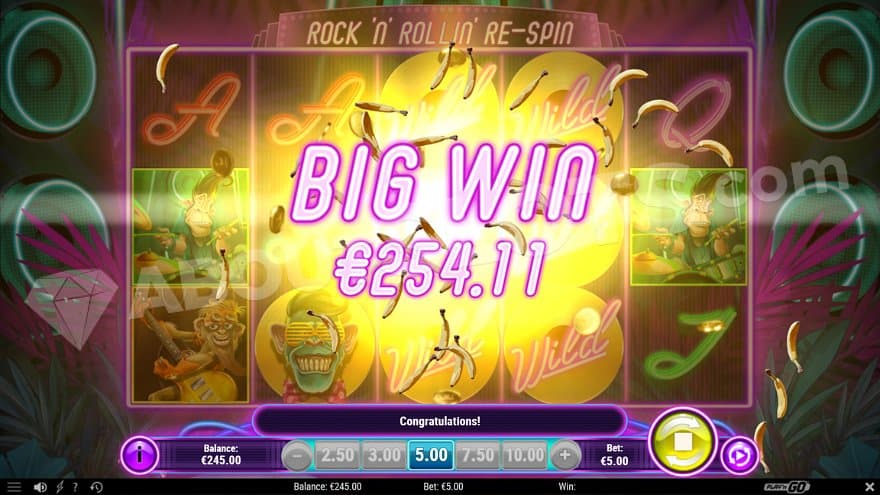 A white and pink text above the reels saying "big win €254.11."