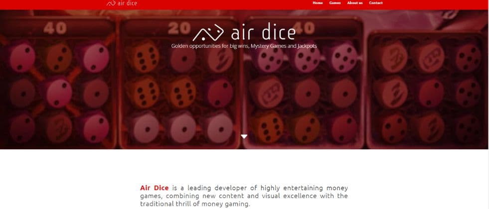 A screenshot of Air Dice’s homepage stating that they are a leading developer of money games.