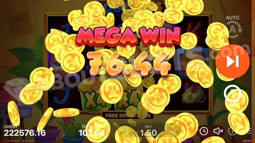 Gold coins falling through air with a text saying "Mega Win 76.44."