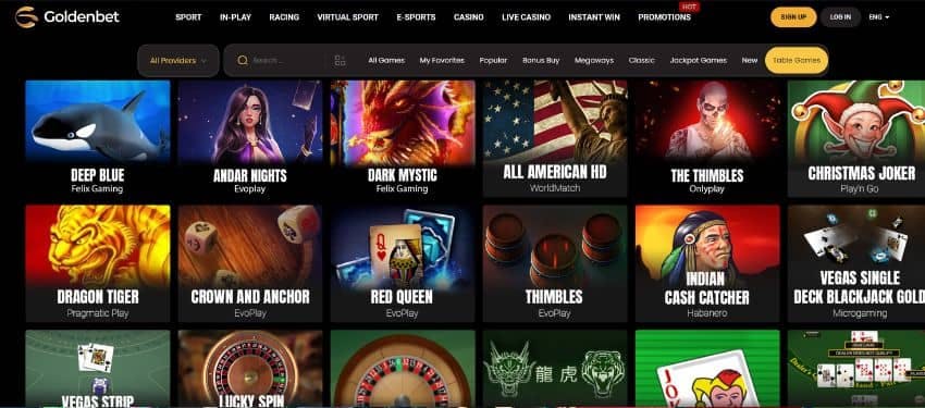 Thumbnails with animated images of different table game elements in the games category