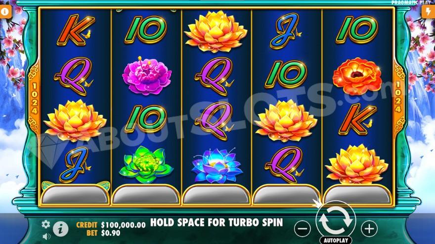 Base game where you can see lotus flowers in various colors on the reels.