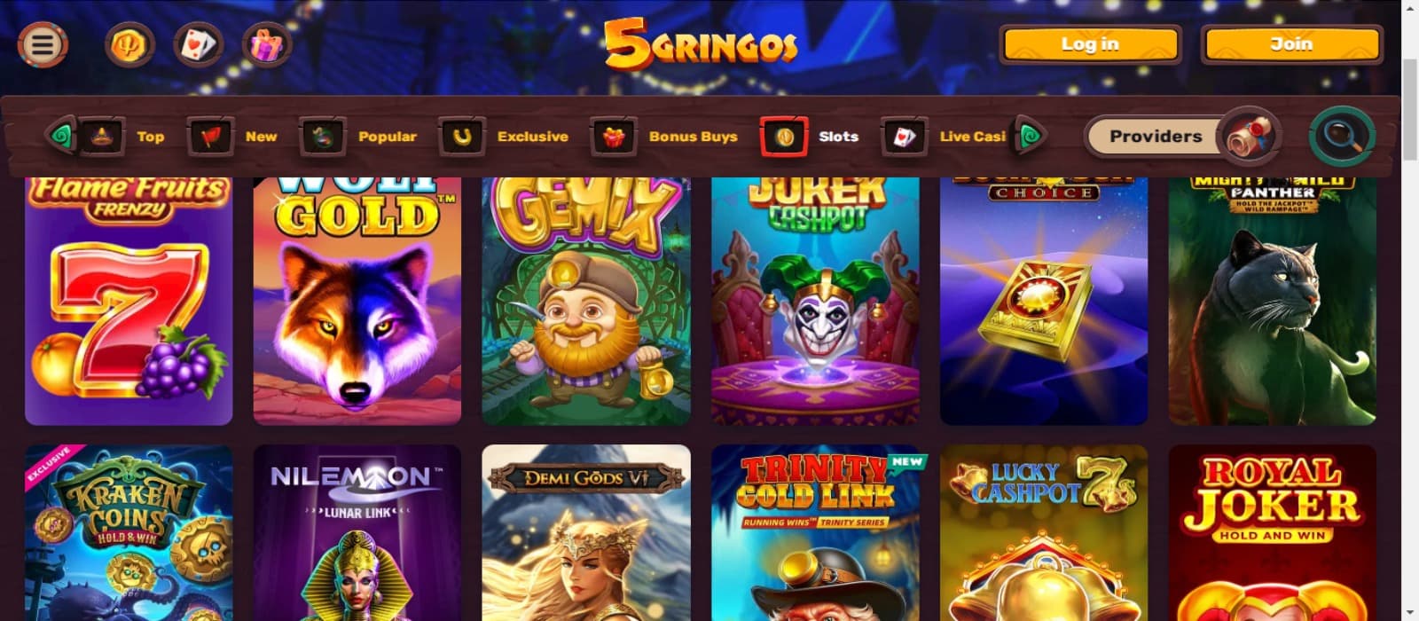 5Gringos casino games page showing the colorful icons of various slot games and top game category menus