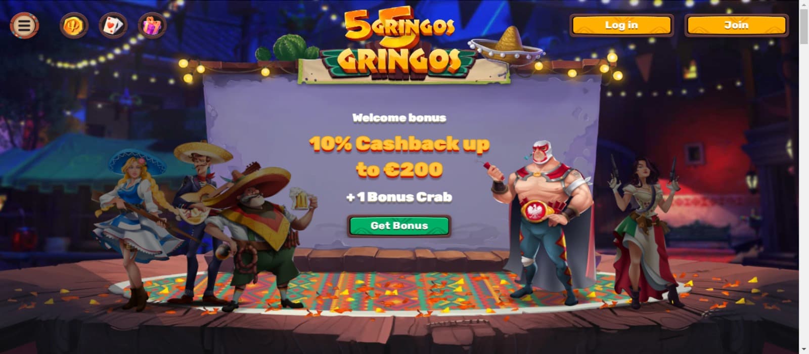 5Gringos casino landing page showing the welcome bonus and cashback bonus offer banner and animated gringo characters