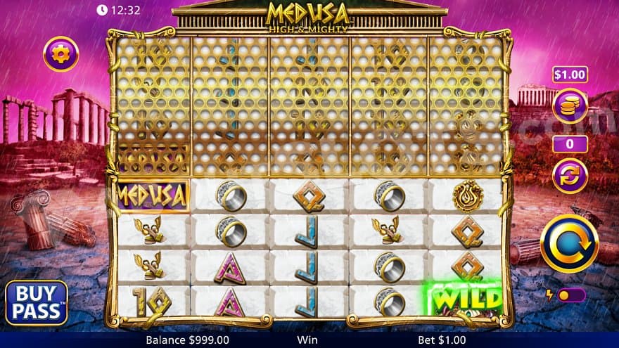 A casino slot with 5 reels with 4 open rows and 4 locked ones.