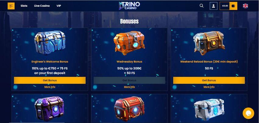 Trino Casino's promotions page, showing the 3 welcome bonus chests and other bonuses.