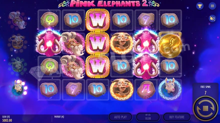 Bonus game with high-paying pink elephant symbols on the reels.