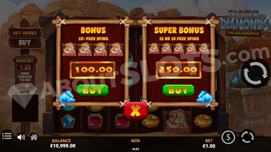 A menu offering 12 Free Spins for 100X the bet or 15-18 Free Spins for 250X the bet.