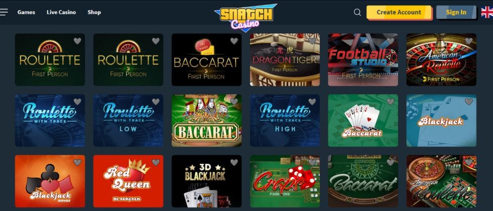 Snatch Casino Table Games Grid
