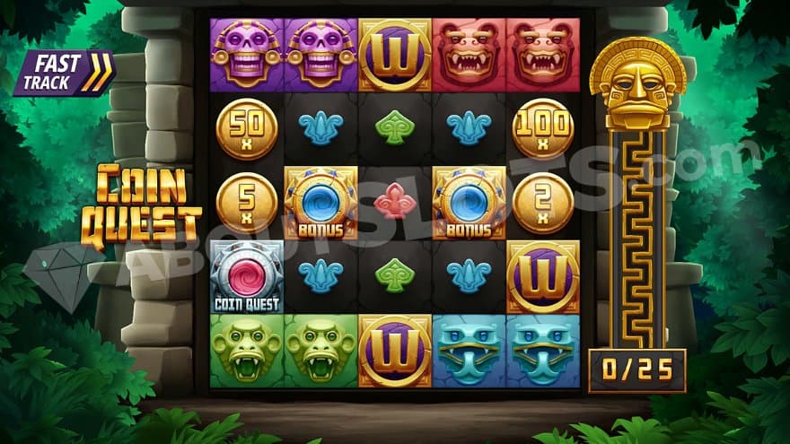 A 5x5 casino slot with the reels placed in front of an Aztec temple.