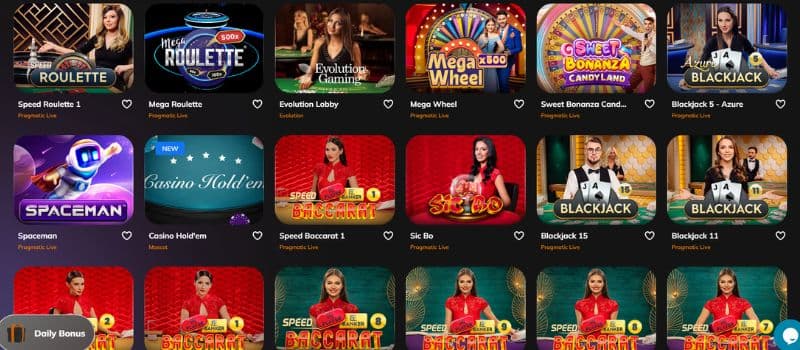 The lobbie for live casino games at Allreels