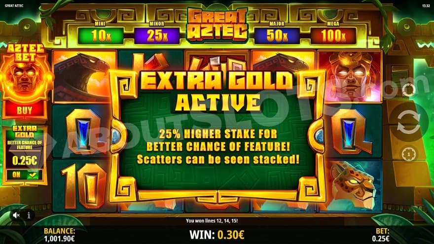 A text saying "Extra Gold Active, 25% higher stake for better chance of feature! Scatters can be seen stacked!"