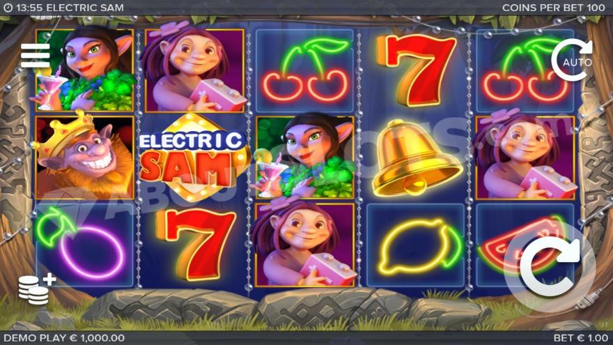 Base game with Electric Sam being present on the first reel as a symbol.