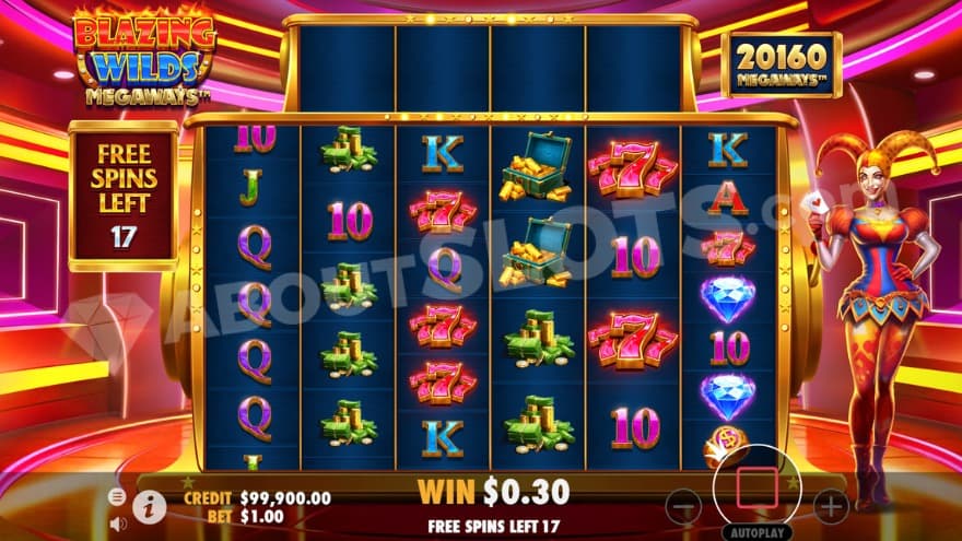 Free Spins bonus game where the joker is standing on the right side of the reels.