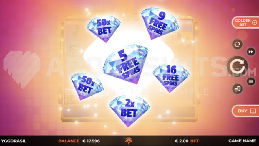 Six diamonds with prizes like 5 Free Spins and 50X the bet cash prizes.