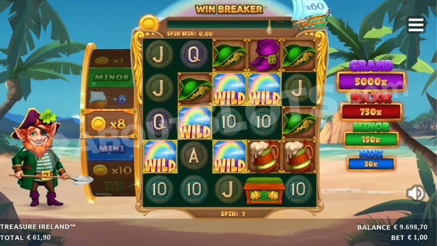 Free Spins feature with a leprechaun to the left.