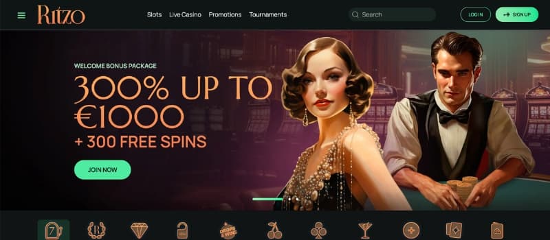 Ritzo casino homepage with a banner about their exciting bonus