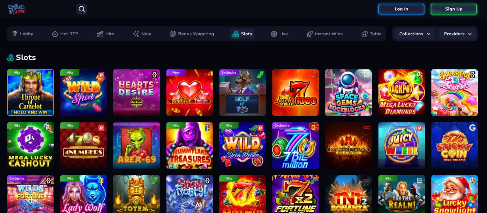 7Bit Casino games page with slot titles Throne of Camelot, Wild Spin 