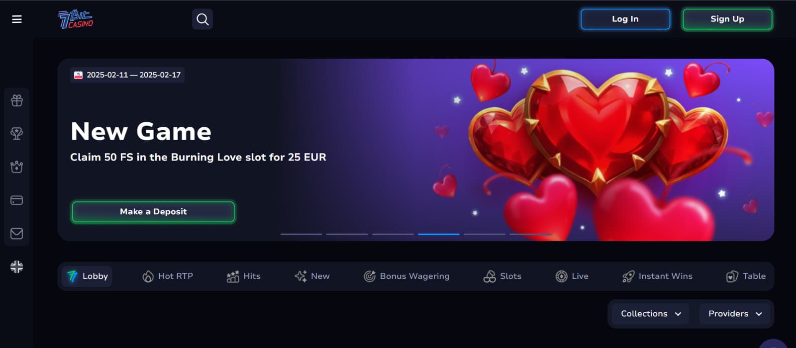 7Bit Casino Landing page with new game banner with Valentine’s Day hearts