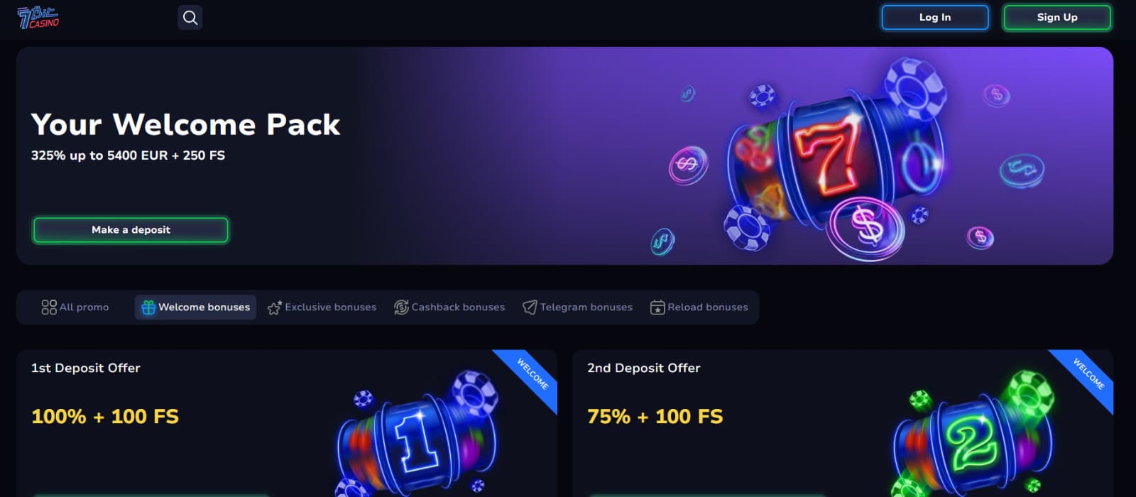 7Bit Casino promotions page with welcome pack and slot images