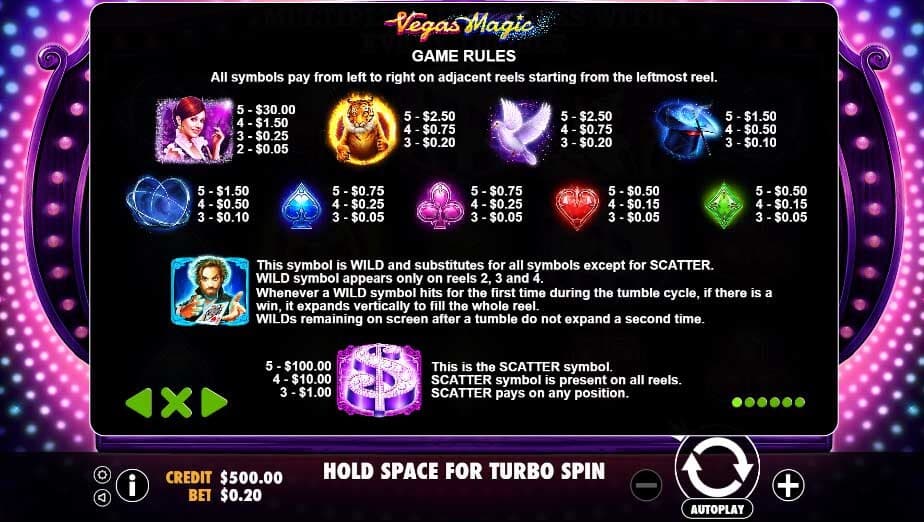 vegas magic slot paytable