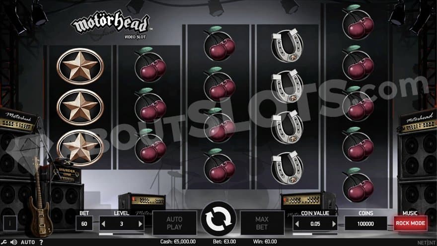 The slot's reels are placed on a stage full of instruments, amplifiers, and smoke.