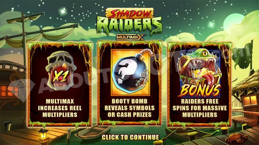 An info screen telling about the Multimax feature, the Booty Bomb, and the Raiders Free Spins.