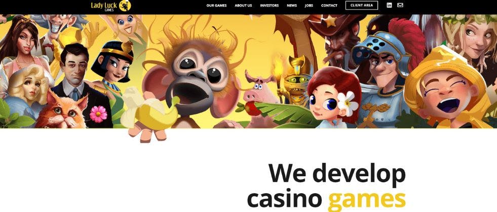 A screenshot of Lady Luck Games' homepage with the text "we develop casino games"
