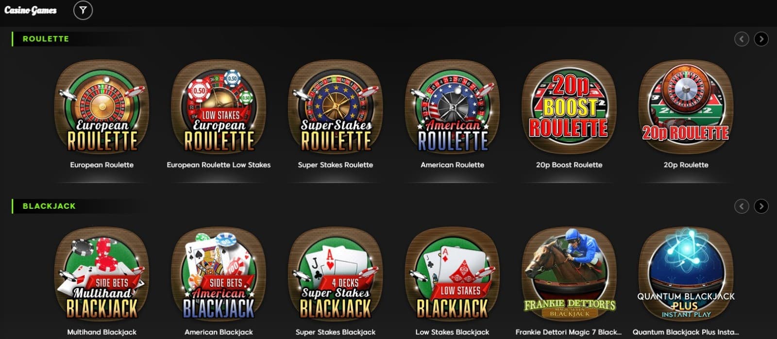 The games page of 888 Casino displays the variations of roulette and blackjack titles on a dark background.