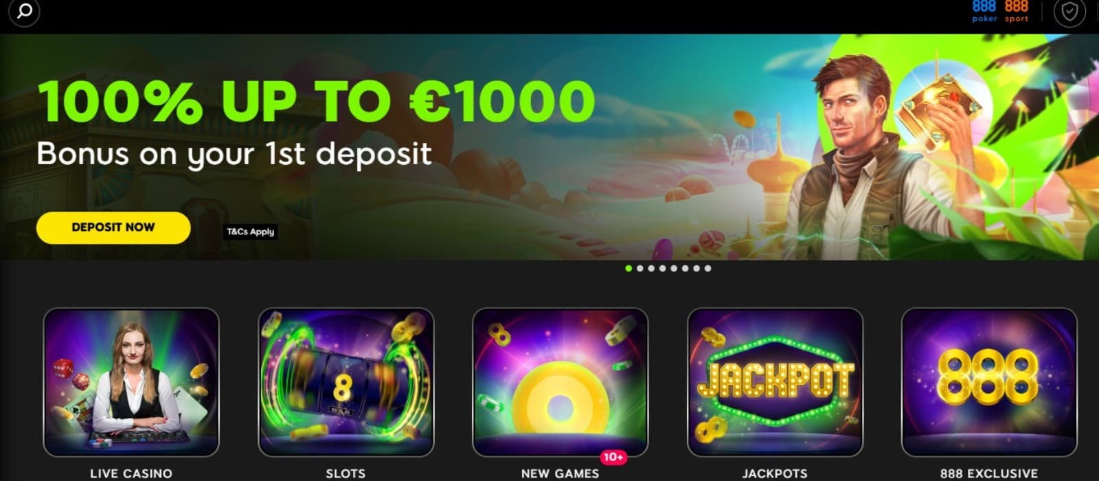 The landing page of 888 Casino presents the welcome bonus of 100% up to 1000 euros on the first deposit.