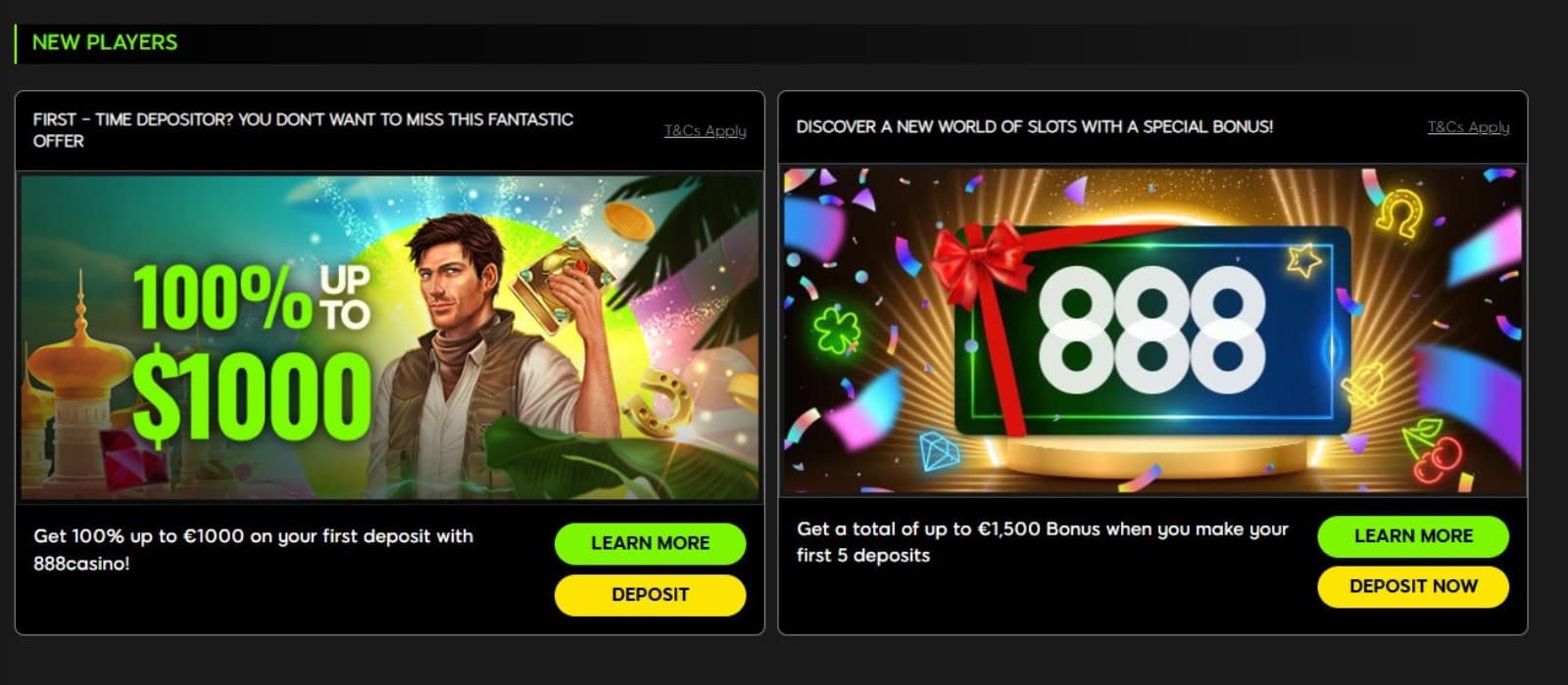 The promotions page of 888 Casino showcases the welcome bonus and the slot tournament.