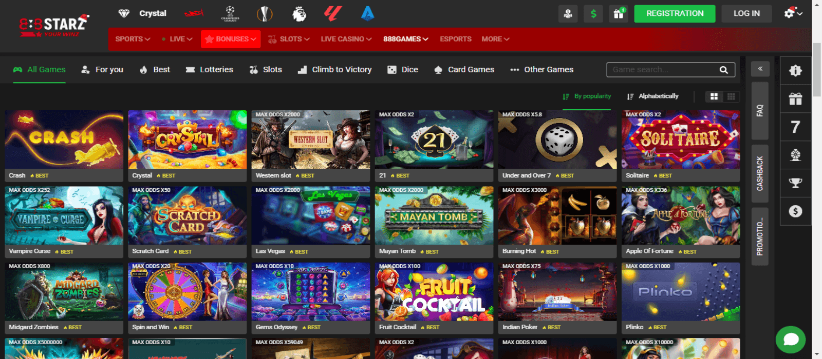 888Starz Casino games page with a selection of slots available