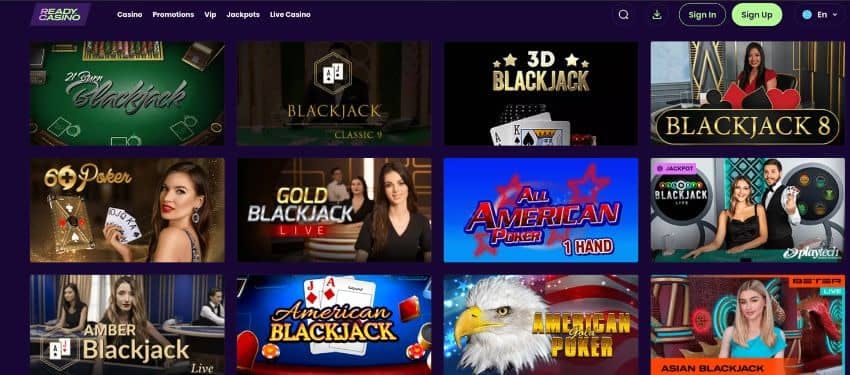ReadyCasino table games section showing thumbnails of some of the games like poker, American blackjack and blackjack 8