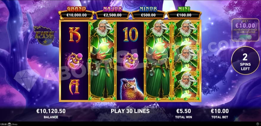 Green wizard free spins bonus game with with Jackpots above the reels.