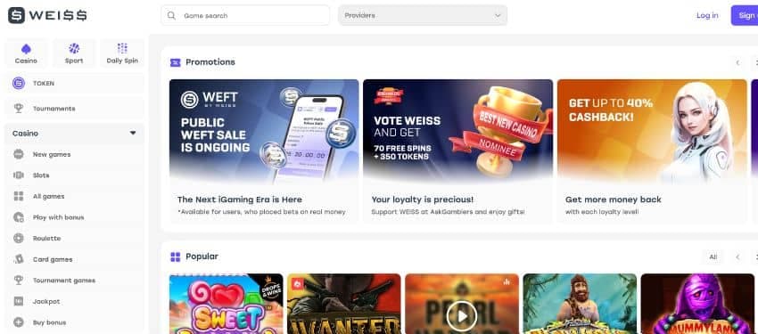 Weiss casino homepage showing promotions category, popular games and the sidebar menu