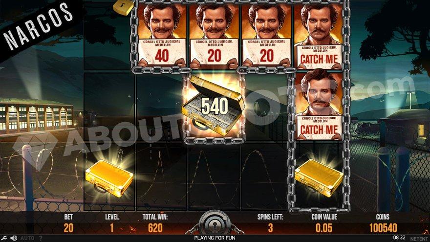 Five Pablo Escobar characters on the reels in the Locked Up Bonus Game.