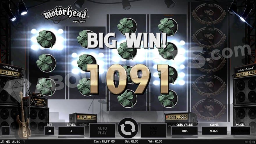 A text saying "Big Win" with the first four reels covered in four-leaf clover symbols.