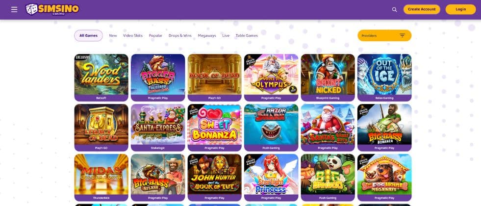 A screenshot of Simsino’s online casino site