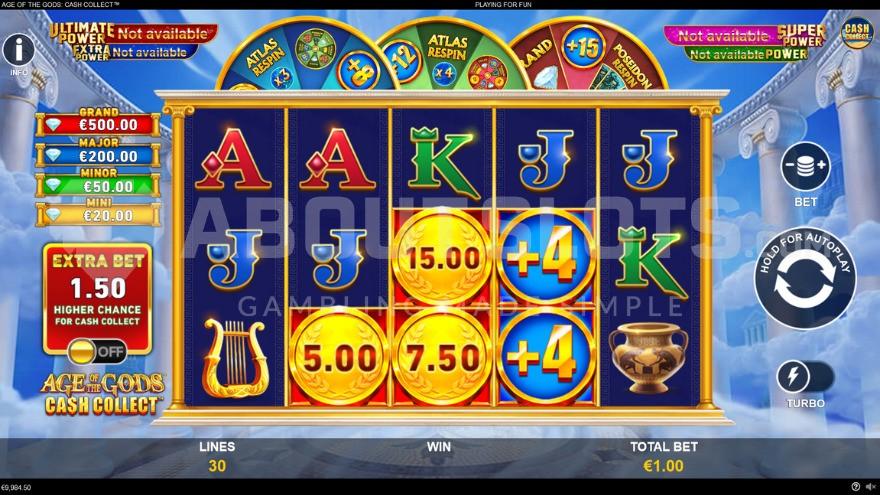 Base game with various Jackpot prizes on the left side of the reels.