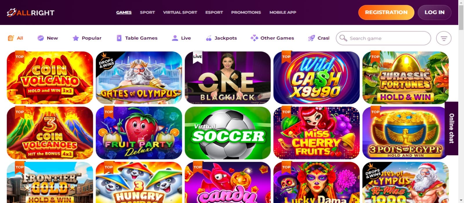 AllRight casino games page with the colorful slot game icons and game categories and website navigational menus on top