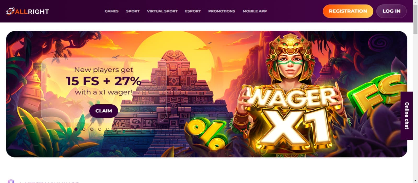 AllRight Casino landing page with the welcome bonus offer banner with animated Aztech Slot images and top navigational panel.