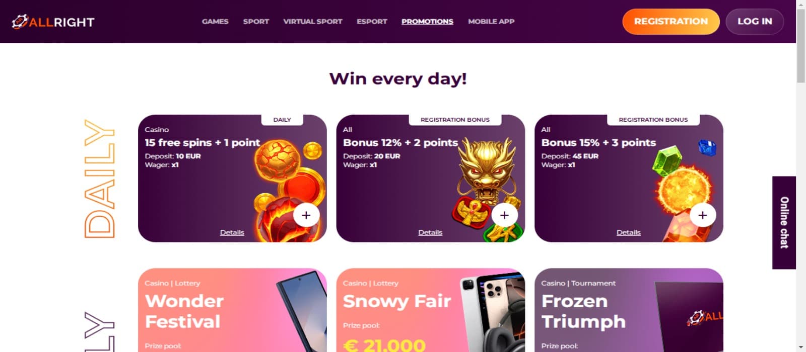 AllRight casino promotions page showing the purple and pink colored banners of welcome bonus offer and other promotions with website navigational menus on top.