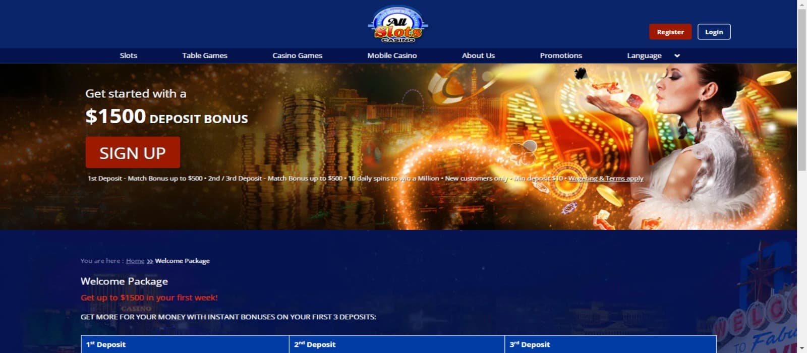 AllSlots Casino promotions page showing the welcome bonus offer with terms and conditions.