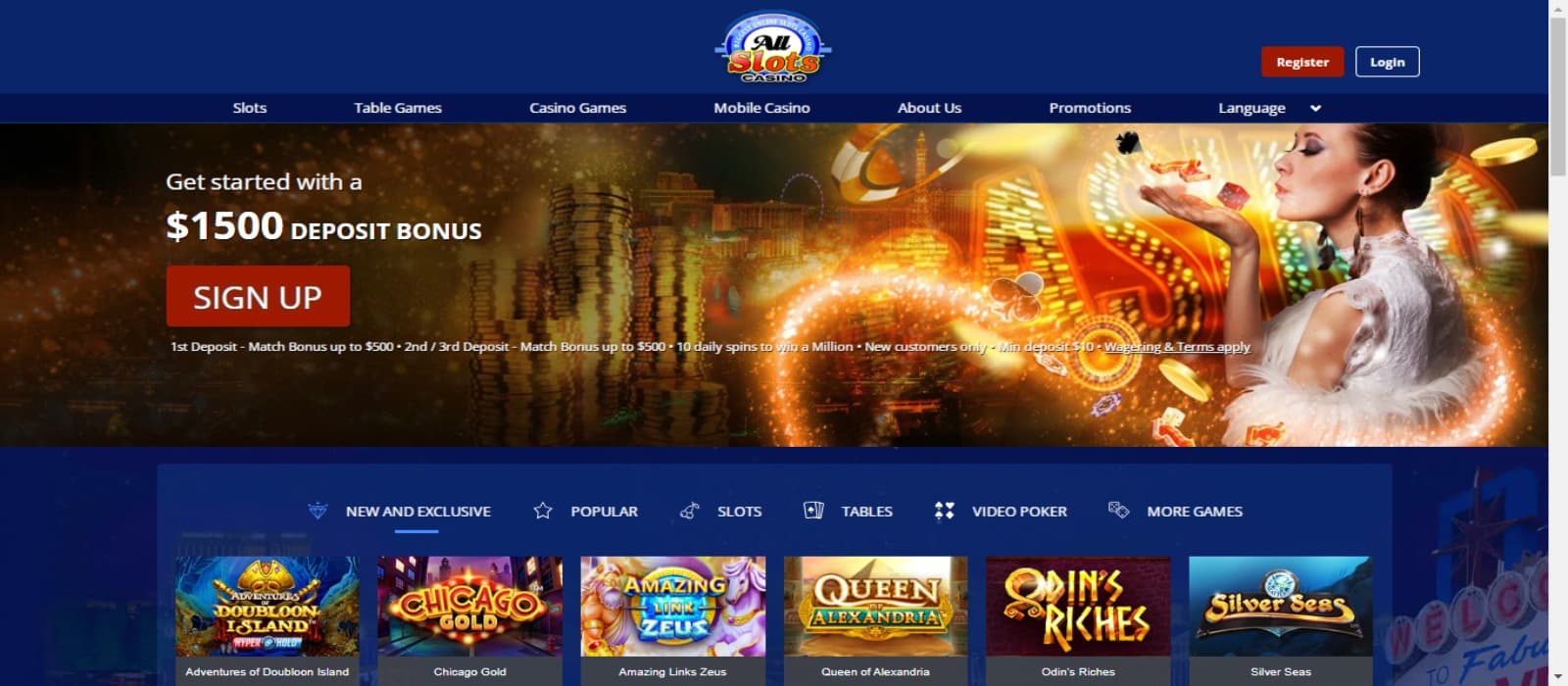 AllSlots Casino Landing page showing the welcome bonus offer banner and slot game icons with colorful background