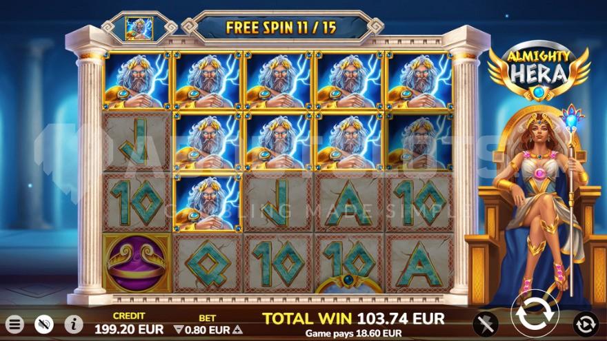 Free Spins feature with Zeus being the super stacked symbol.