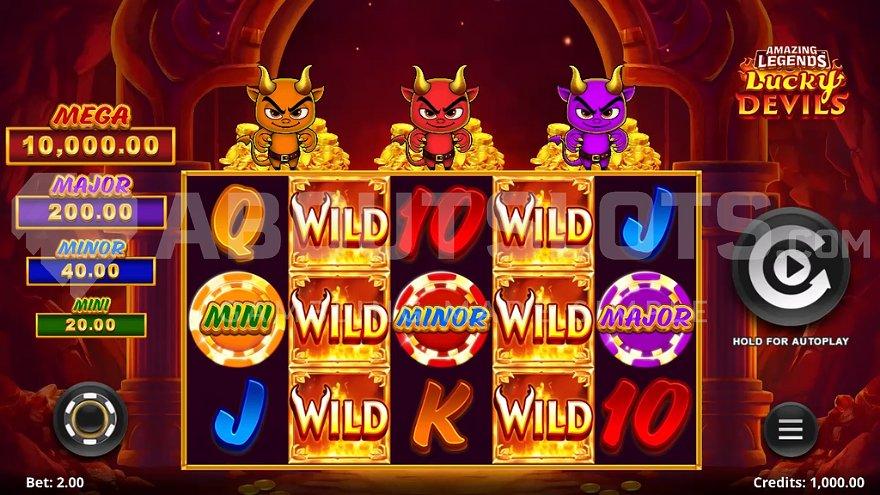 A casino slot with three devils over the five reels. 