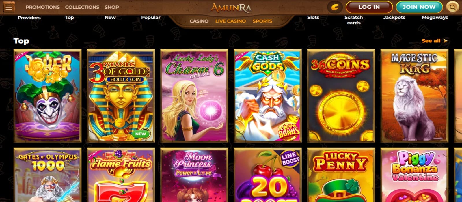 AmunRa Casino games page with the various colorful icons of slot games and categories of games