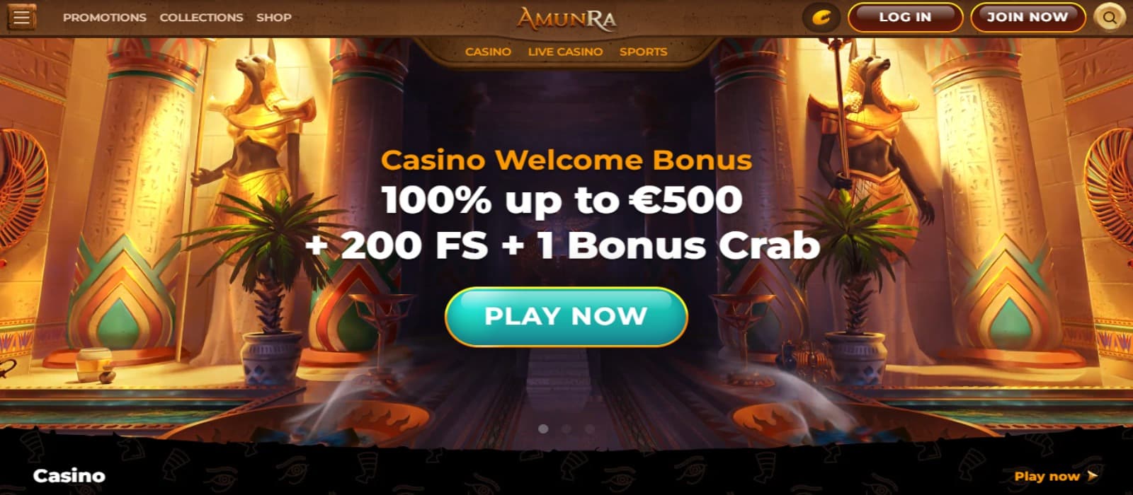 AmunRa Casino landing page with the welcome bonus offer banner and animated Egyptian theme